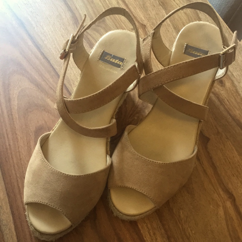 Bata suede wedge sandals, EUC